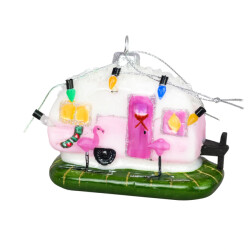House Vitamin Xmas hanger -happy caravan -pink glass 10x5x8cm