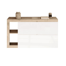 CaliCosy Schoenenkast met 2 opklapbare deuren, decor in glanzend wit en cadiz eiken l133