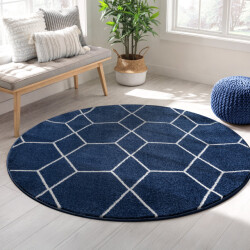 Muratap Trellis uni rond effen laagpolig vloerkleed modern navy- 200 cm rond