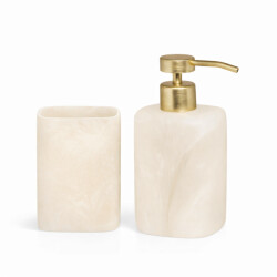 Casa di Elturo Luxe badkamer set elvora – zeepdispenser & beker – beige marmerlook met gouden