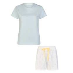 By Louise Dames shortama korte pyjama set geprint blauw/wit gestipt