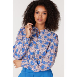 Jansen Amsterdam Waf741 blouse print and smockdetail at cuff multi blue